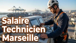 Un technicien de maintenance devant le port industriel de Marseille, illustrant la grille de salaire 2025.